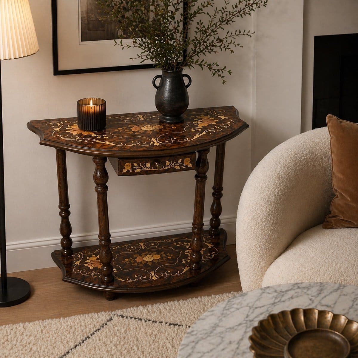 Italian Marquetry Inlaid Demilune Console Table with Lower Shelf - photo 1