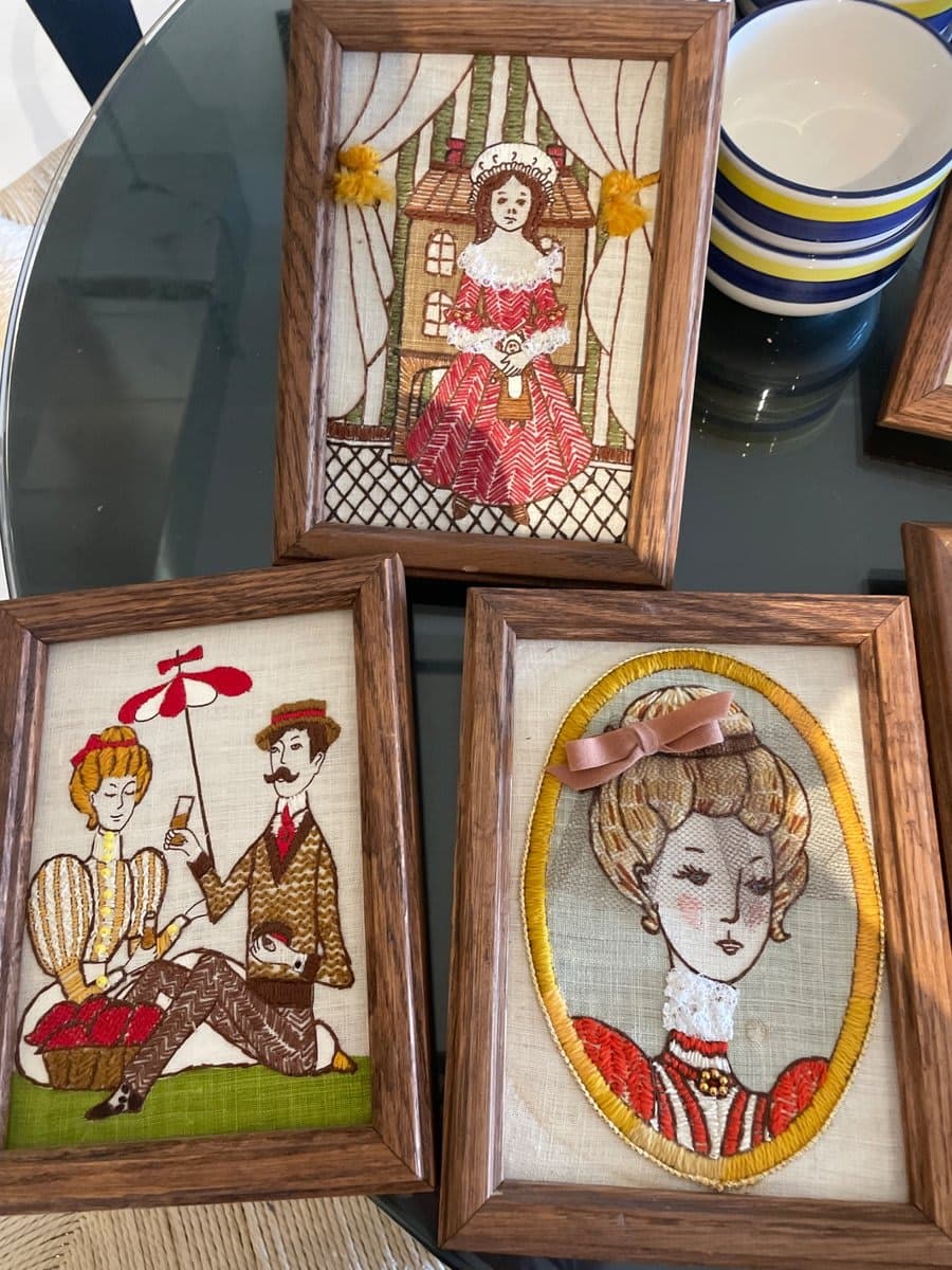 Vintage Crewel Embroidery Jeanette waterson Framed Art Set of 3 - Victorian Scenes - photo 1