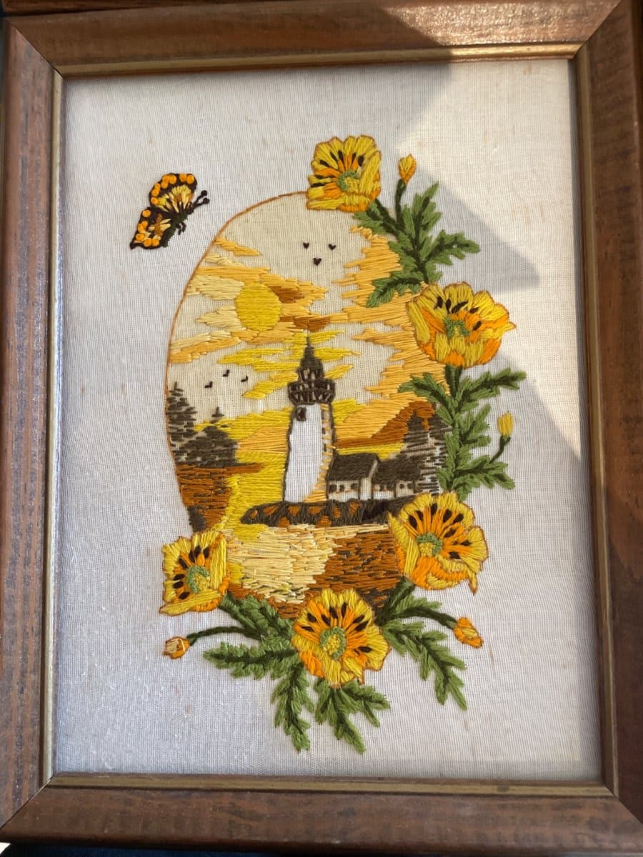 Vintage Framed Lighthouse Crewel Embroidery Art - photo 1