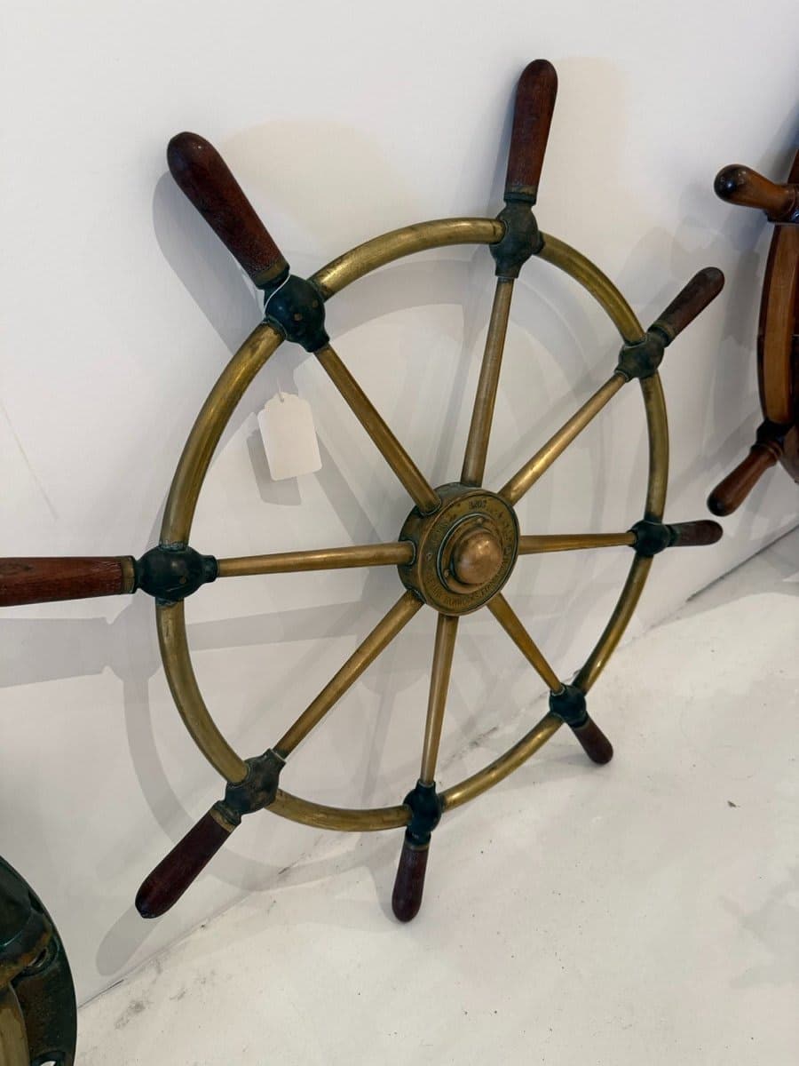 Antique Brass Ship's Steering Wheel with Mahogany Handles - photo 1