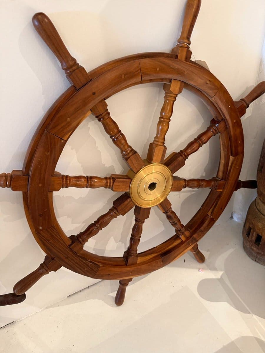 Large Decorative Wooden Ship's Wheel with Brass Hub - photo 1