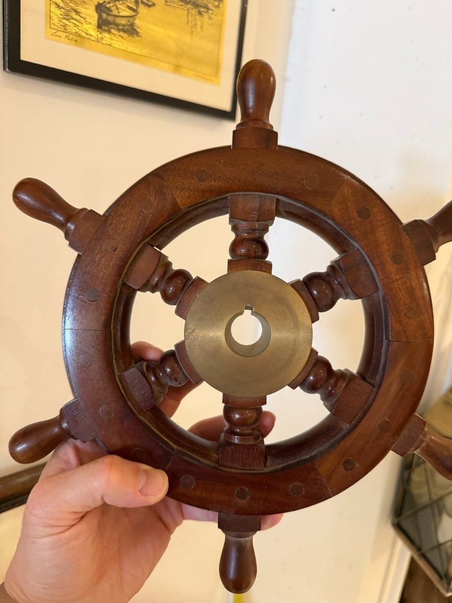 Decorative Wooden Ship's Wheel with Brass Hub - photo 1