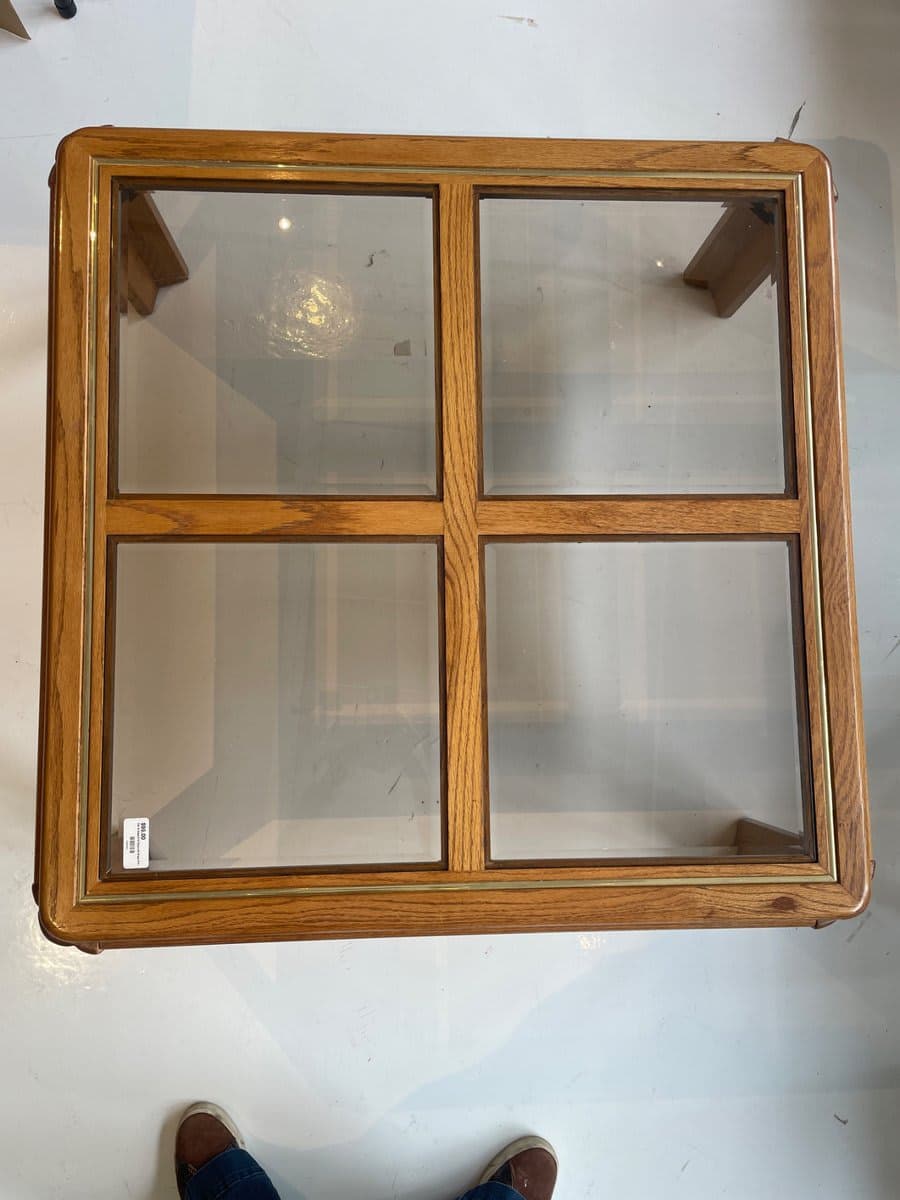 Oak & Glass End Table with Brass Trim - photo 1