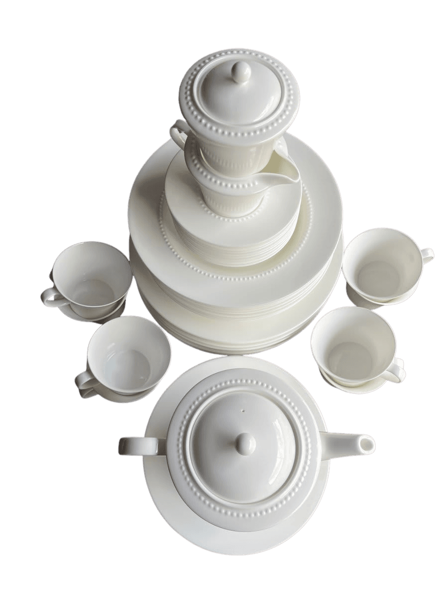 White Ceramic Beaded Edge Dinnerware Set with Teapot - photo 1