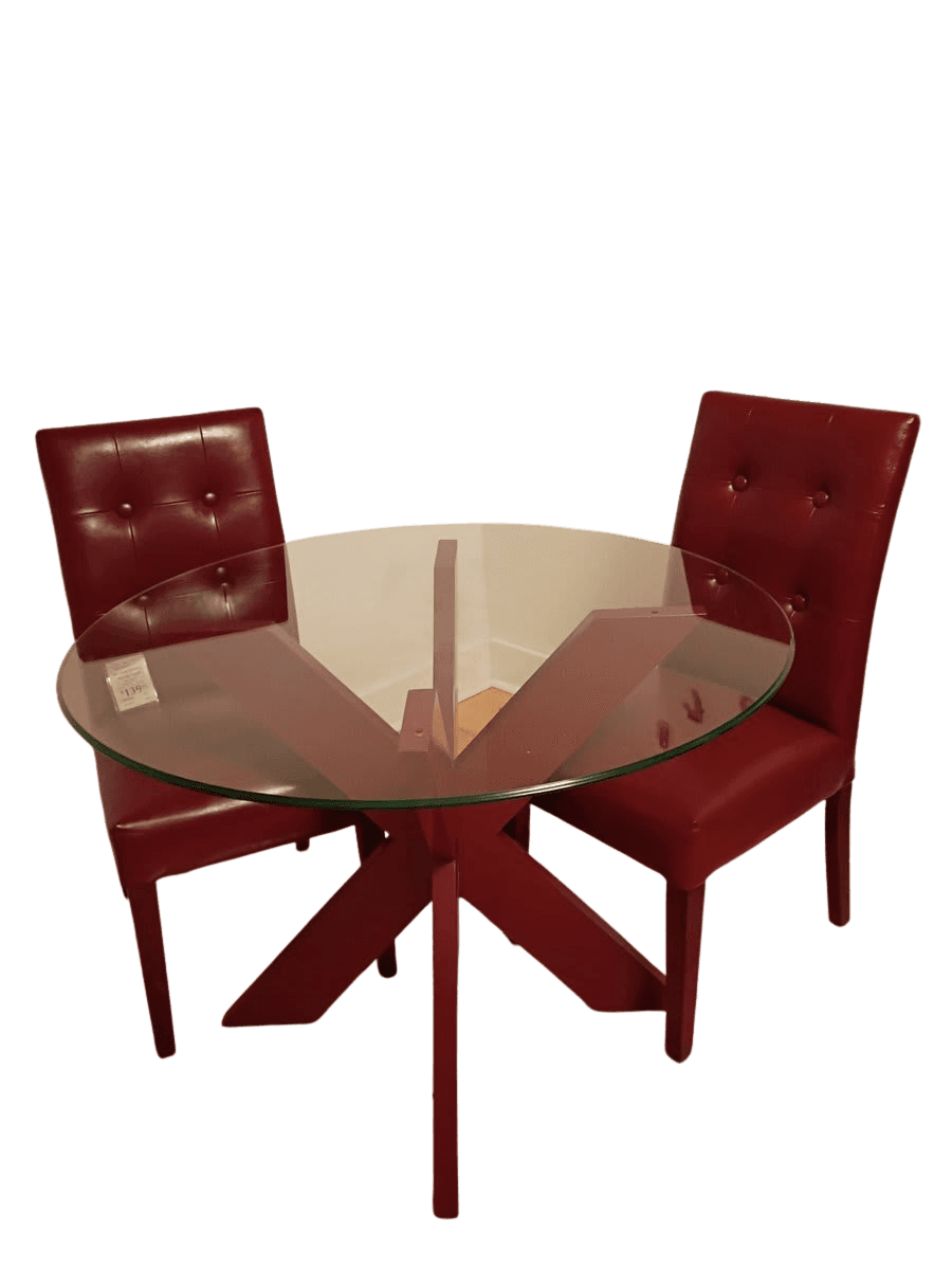 Modern Red Glass-Top Dining Set with 2 Tufted Leather Chairs - photo 1