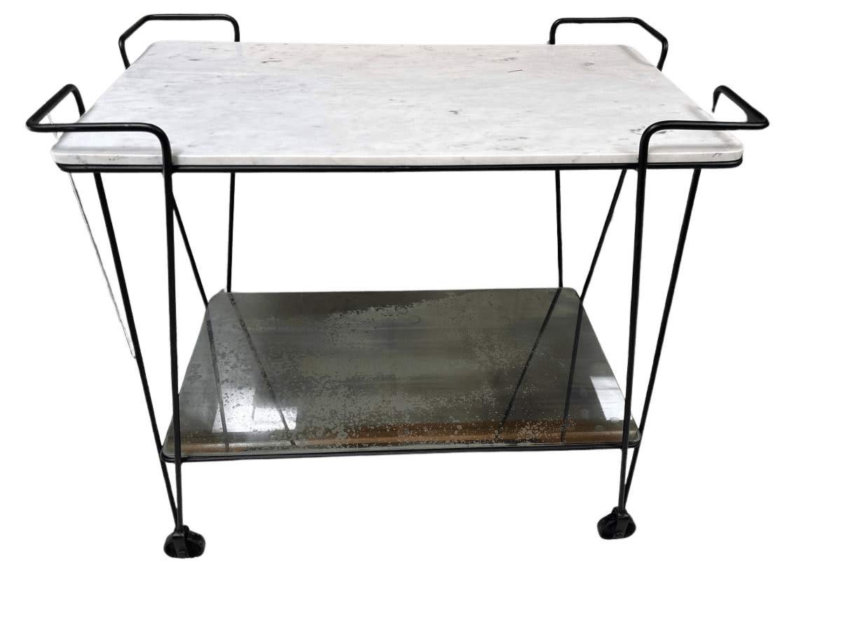 Mid-Century Modern Iron Bar Cart with Marble Top - photo 1