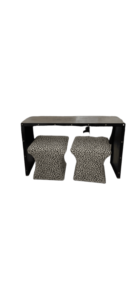 Industrial Console Table with Leopard Print Ottoman Set