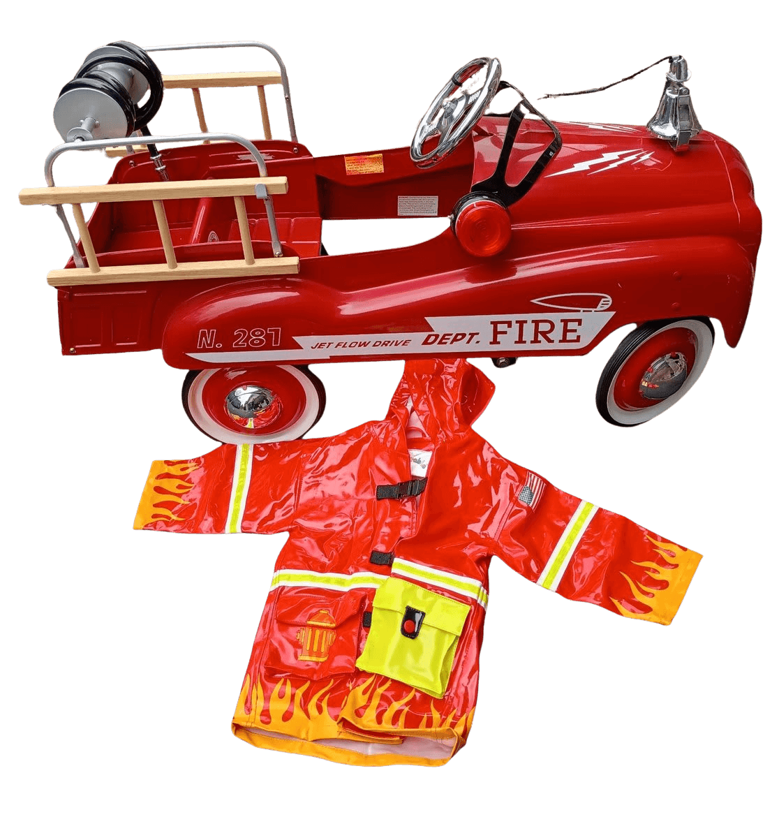 Vintage Style Pedal Fire Truck No. 281 with Firefighter Costume Jacket
