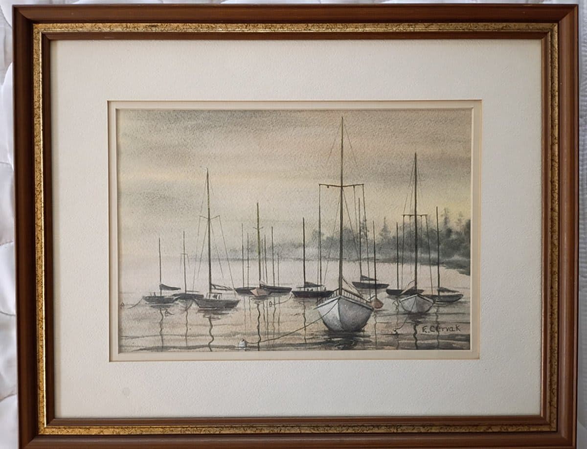 Framed Watercolor Sailboats Harbor Scene, Signed F. Cervak - photo 1