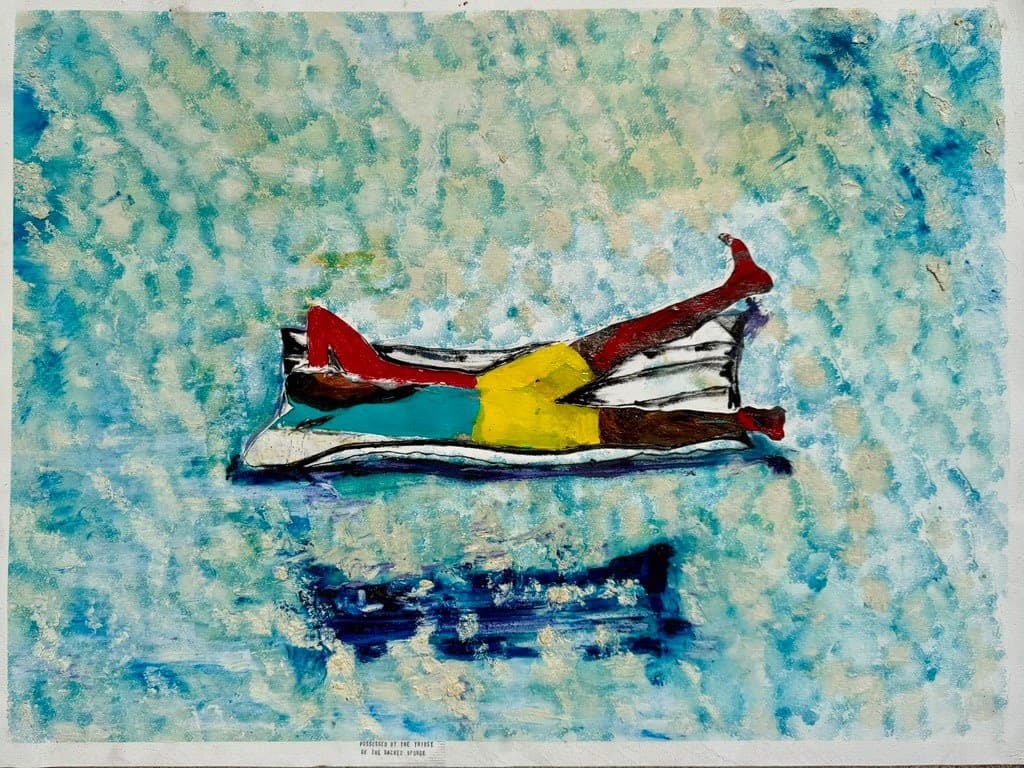 Kevin Blake artwork, Possessed By the Thirst of the Sacred Sponge 24” x 36” mixed media