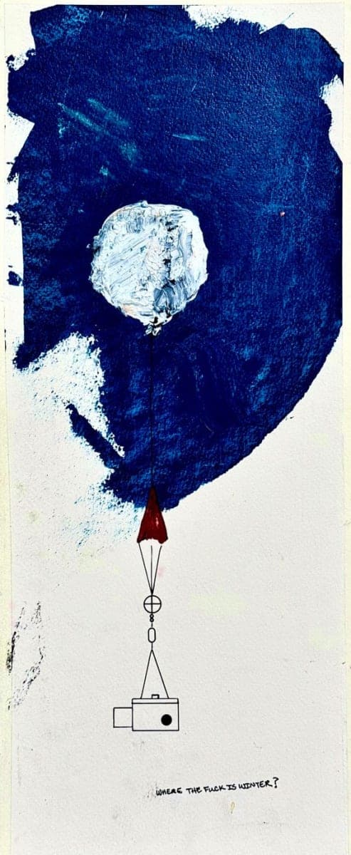 Kevin Blake artwork, Where the Fuck is Winter, 10” x 30” mixed media on paper
