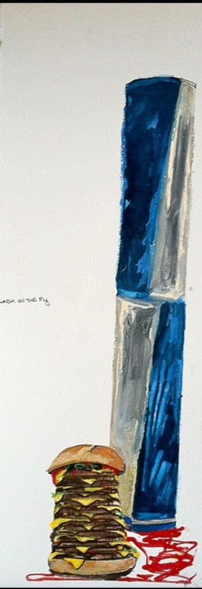 Kevin Blake artwork, Lunch on the Fly 10” x 30” mixed media on paper