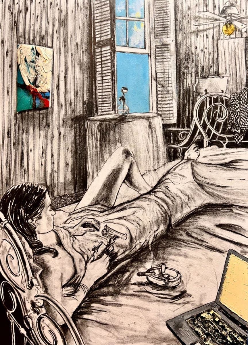 Kevin Blake art. With a Hole in Her Tale 22” x 30” Graphite and collage on paper