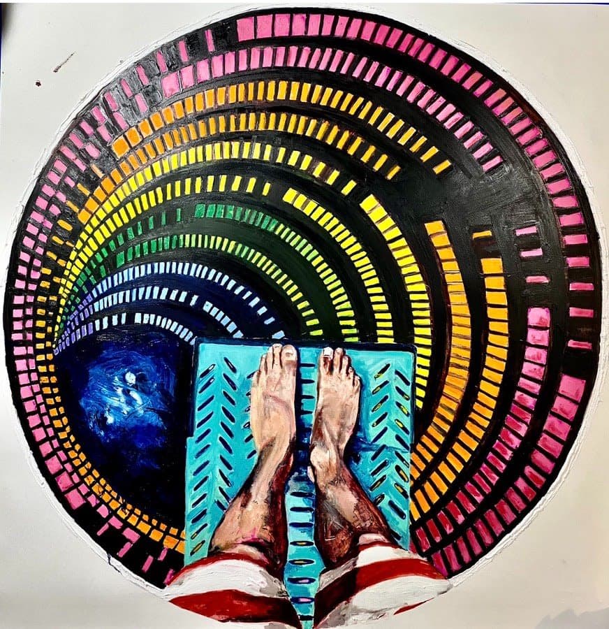 Kevin Blake art, With A Wand of Welcome 48” tondo oil on paper