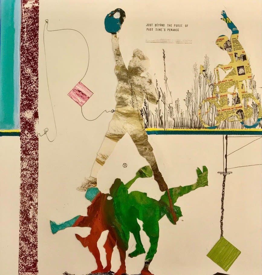 Kevin Blake art, Just Beyond the Purge of Pastime's Present 17” x 20” Mixed media collage