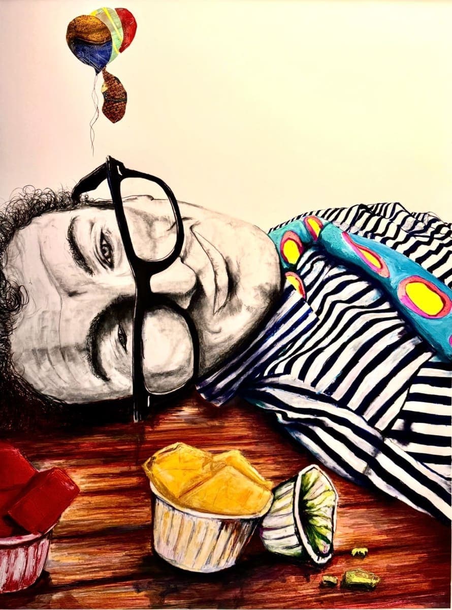 Kevin Blake Pickled to the Button of His Seat 50” x 39” Mixed media on paper $2000