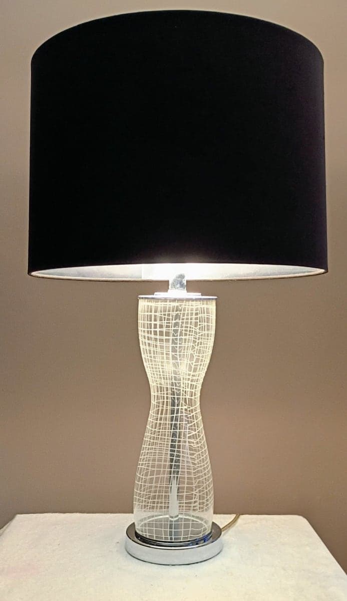 Modern Glass & Chrome Hourglass Table Lamp with Brown Drum Shade - photo 1