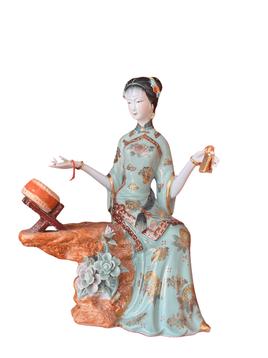 Chinese Porcelain Figurine - Lady in Qipao with Drum