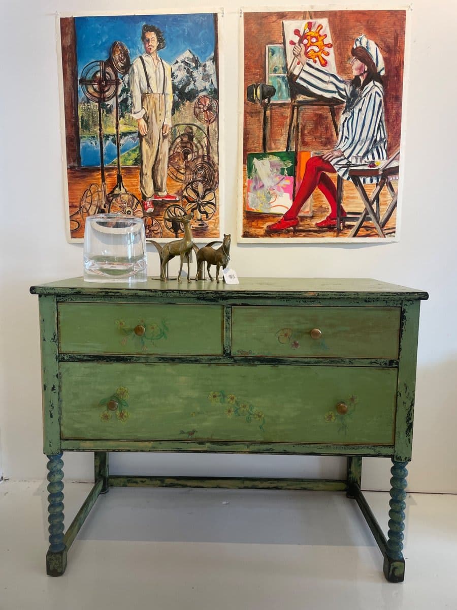 Antique Green Painted Chest of Drawers with Floral Motif