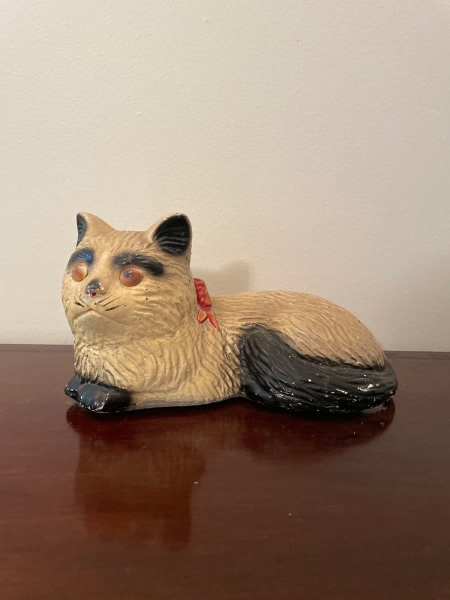 Vintage Chalkware Cat Figurine with Red Bow - photo 1