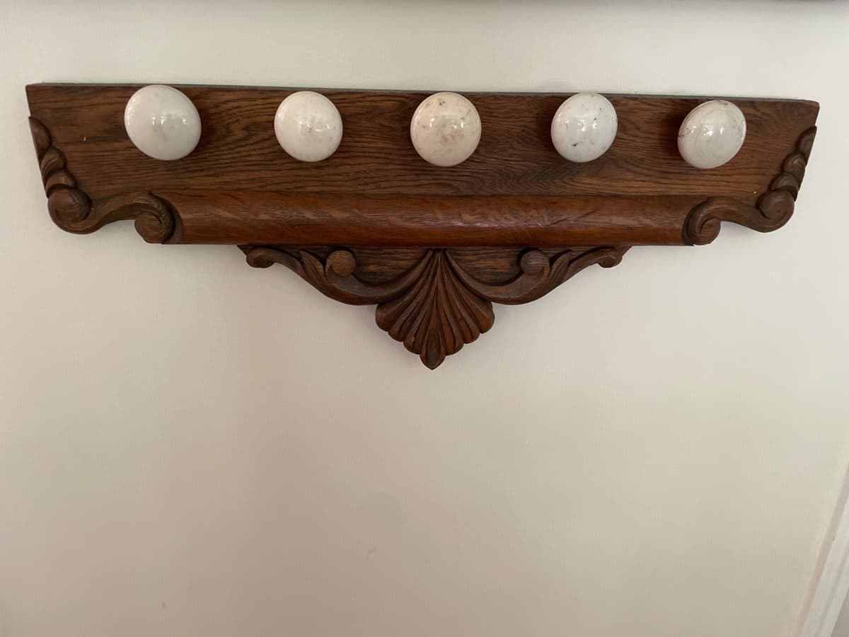 Antique Oak Wall-Mounted Coat Rack with Porcelain Knobs - photo 1