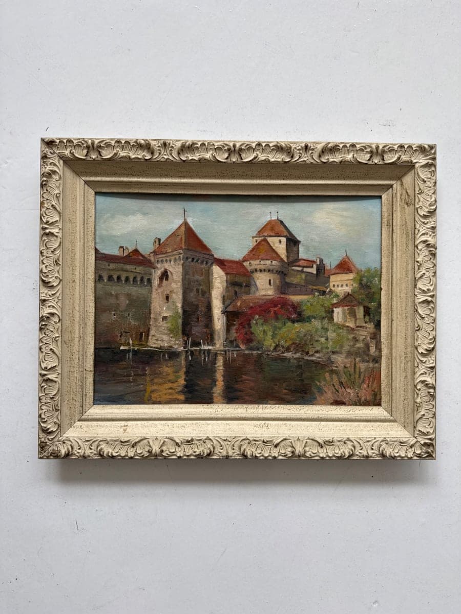 Antique Oil Painting Castle on Water Landscape