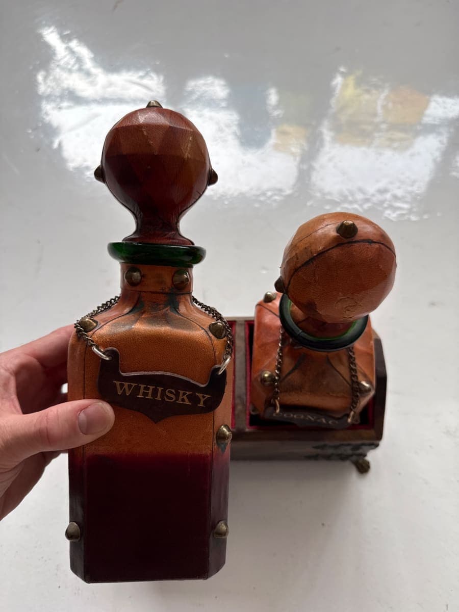 Leather-Wrapped Cognac & Whisky Decanter Set in Brass-Fitted Caddy