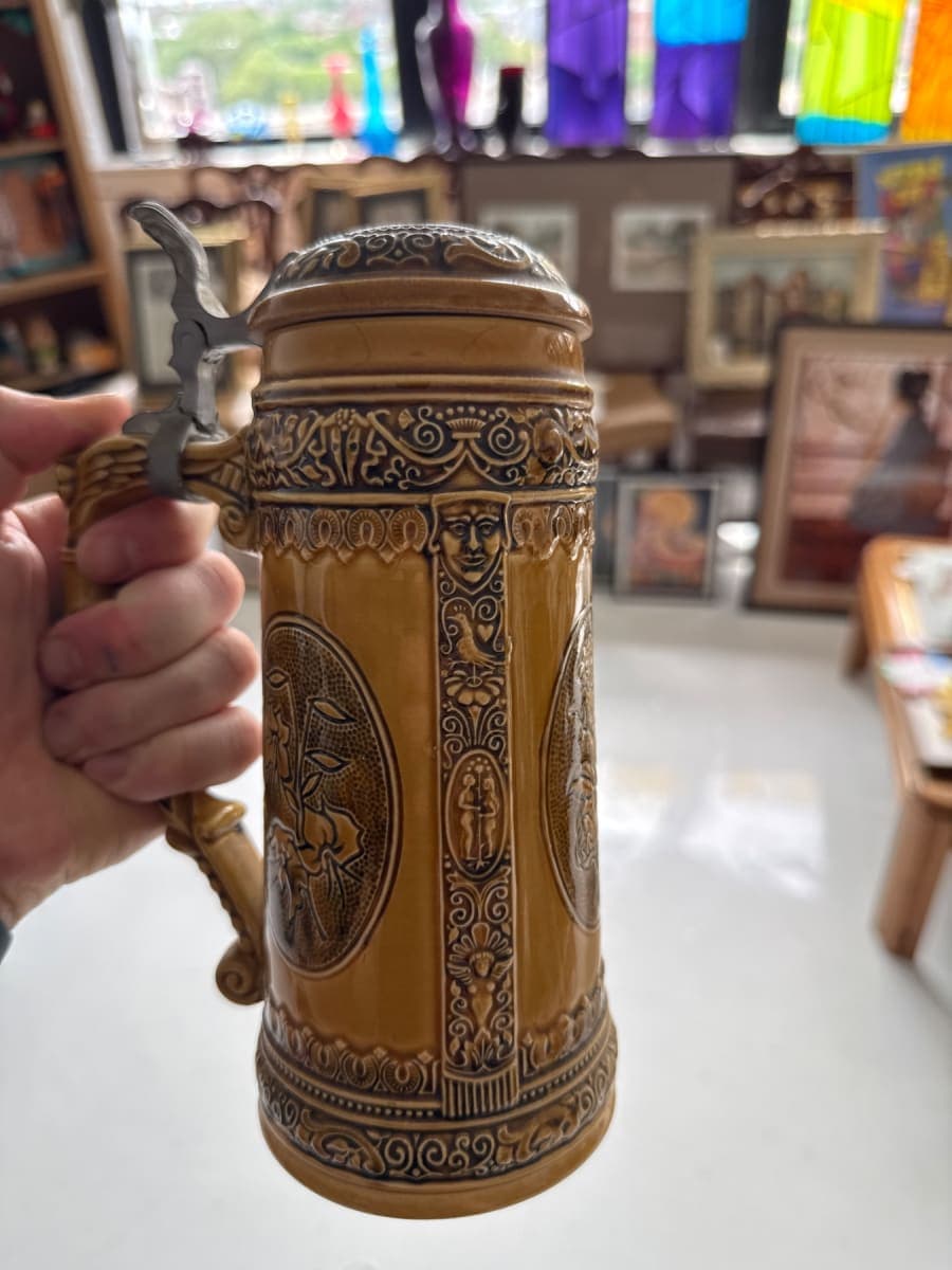 German Ceramic Beer Stein with Pewter Lid