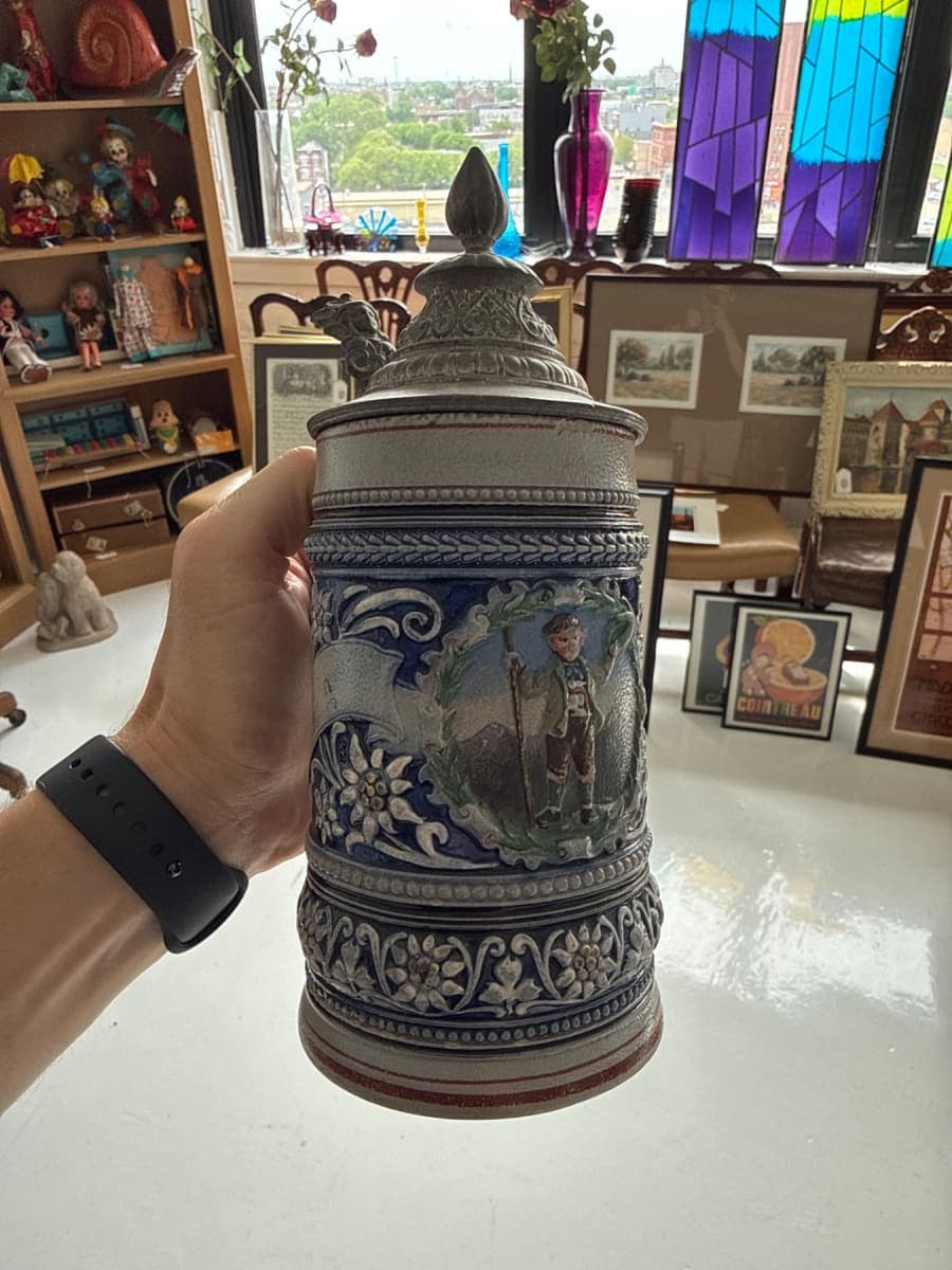 German Stoneware Beer Stein with Pewter Lid