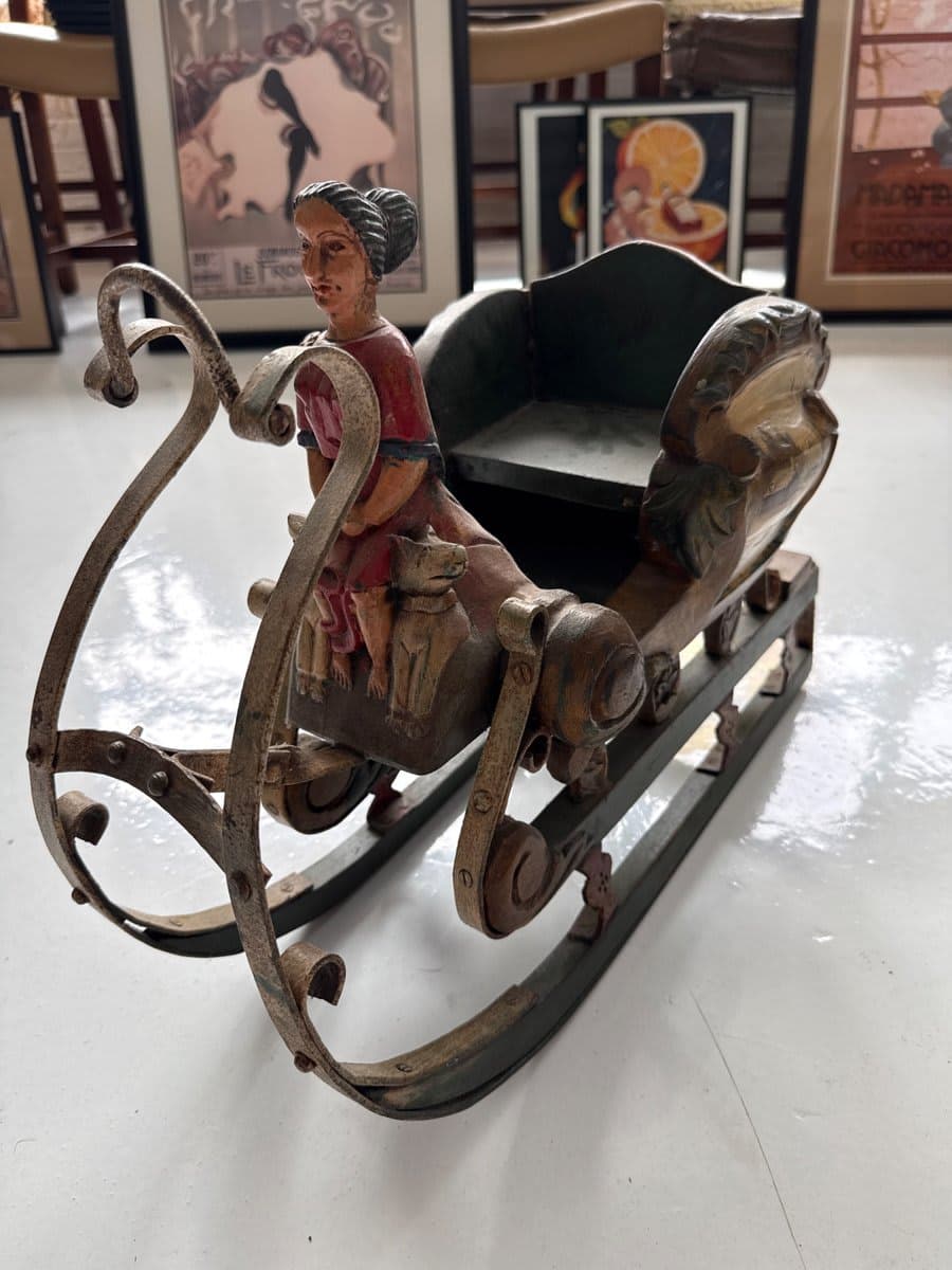 Antique Carved Wood & Wrought Iron Miniature Sleigh with Figure - photo 1