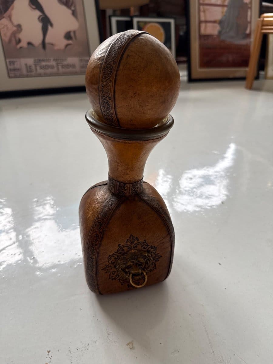 Italian Leather-Wrapped Decanter with Lion Medallion