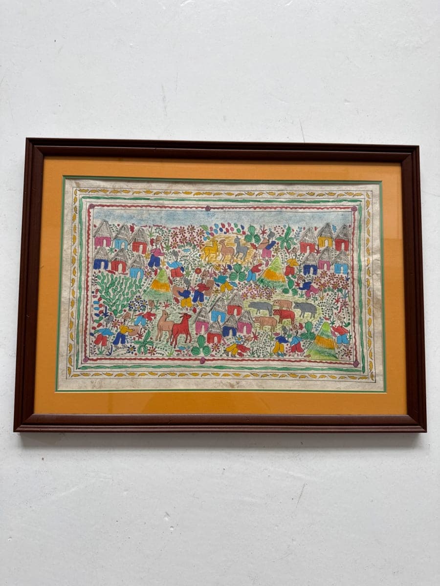 Framed Folk Art Painting - Village Scene