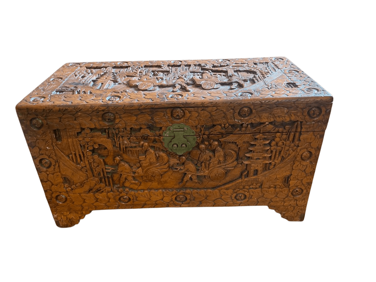 Antique Chinese Carved Camphor Wood Blanket Chest - photo 1