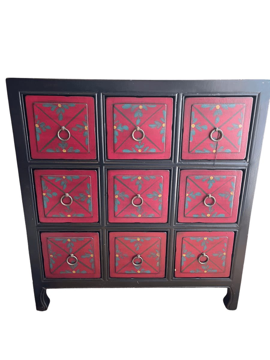 Asian-Style Black & Red 9-Drawer Chest with Floral Motif - photo 1