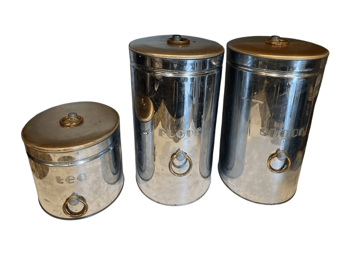 Vintage Chrome & Copper Canister Set (3 Pieces) - Flour, Sugar, Tea - photo 1
