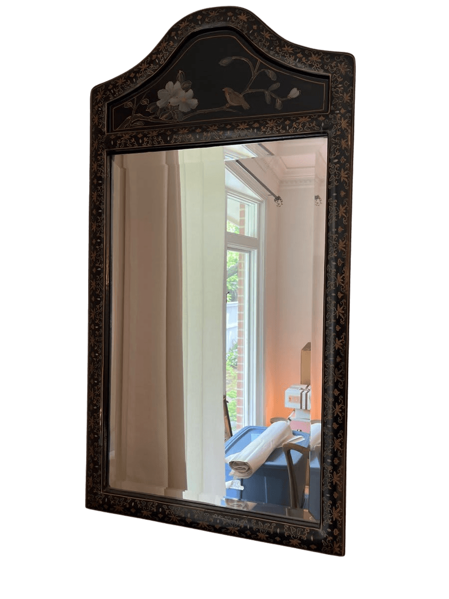 Chinoiserie Black Lacquer Wall Mirror with Floral Bird Motif - photo 1