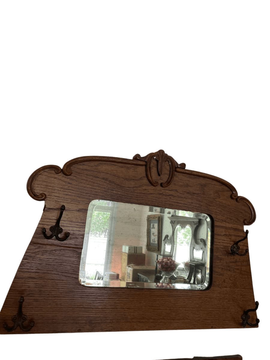 Antique Oak Hall Mirror with Coat Hooks & Porcelain Knob Rail - photo 1