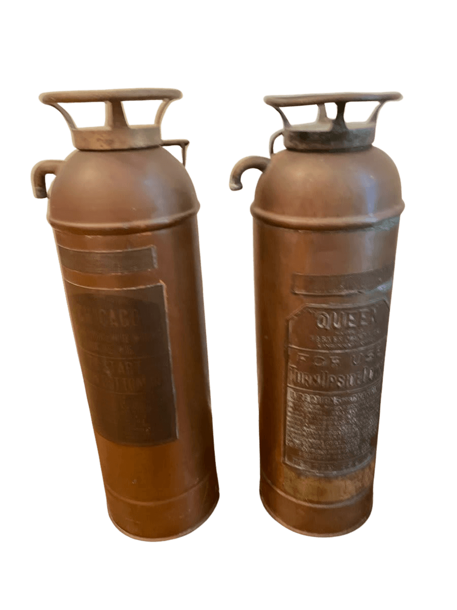 Antique Copper Fire Extinguishers — Chicago & Queen Brands (Pair) - photo 1