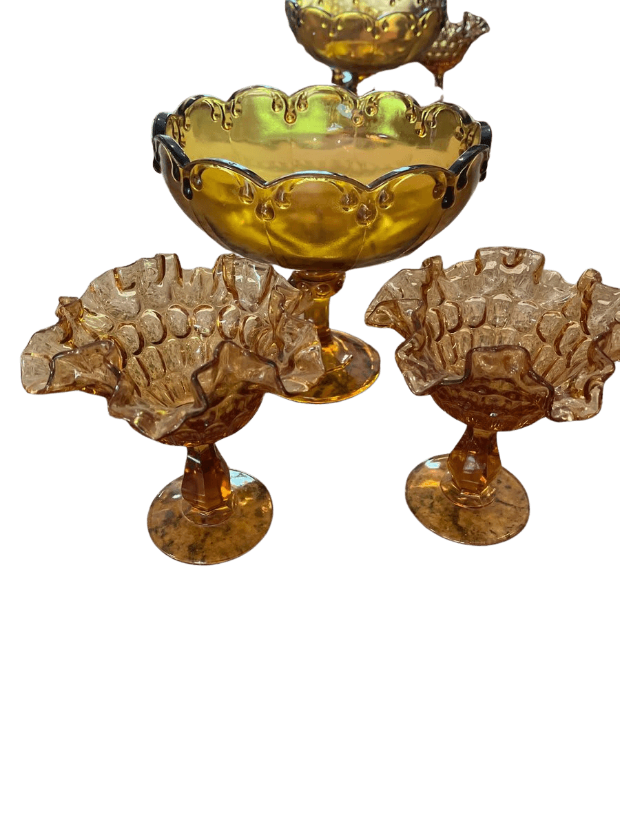 Amber Glass Pedestal Compote Set with Ruffled Sherbets - photo 1