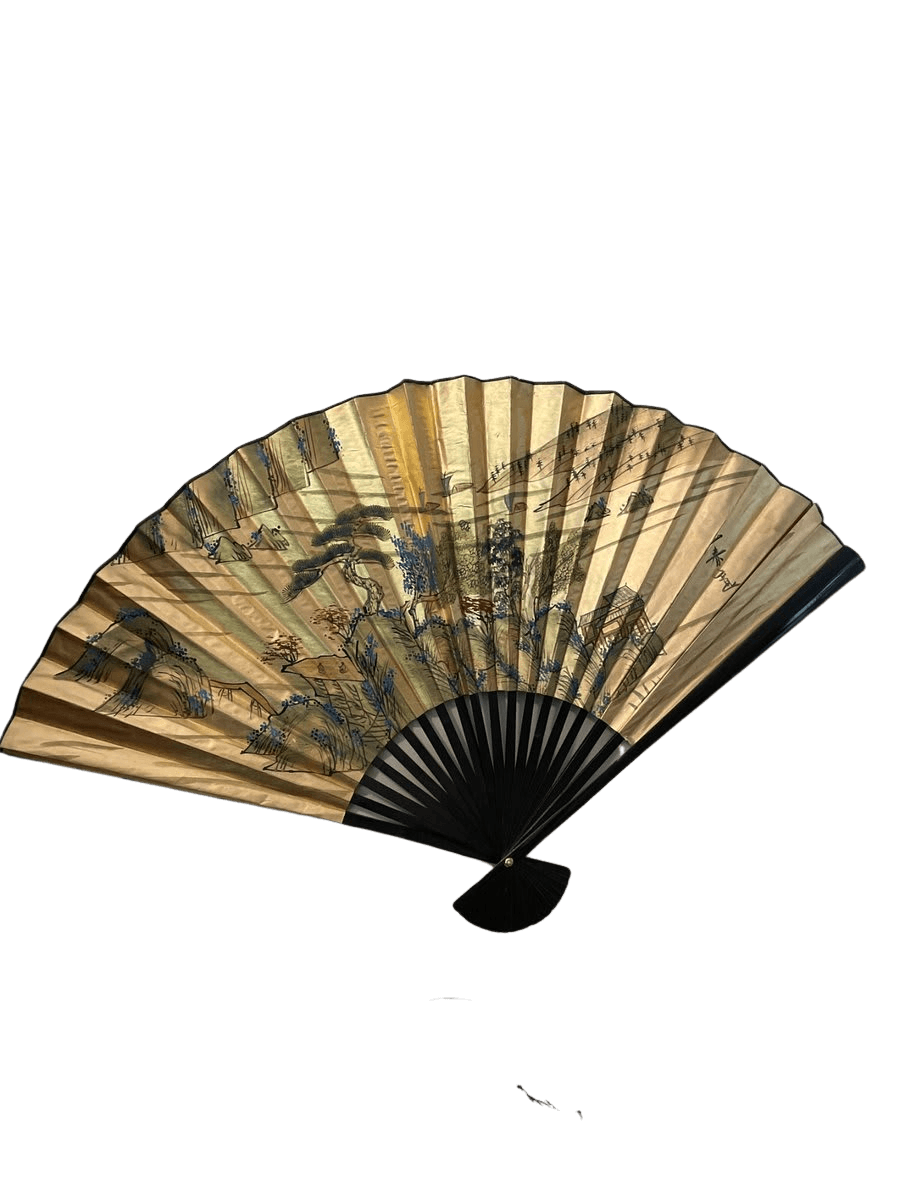 HUGE 56" X 36" Decorative Asian Wall Fan with Gold Landscape Painting - photo 1