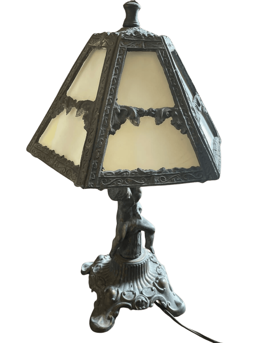 Antique Cast Metal Figural Slag Glass Table Lamp - photo 1