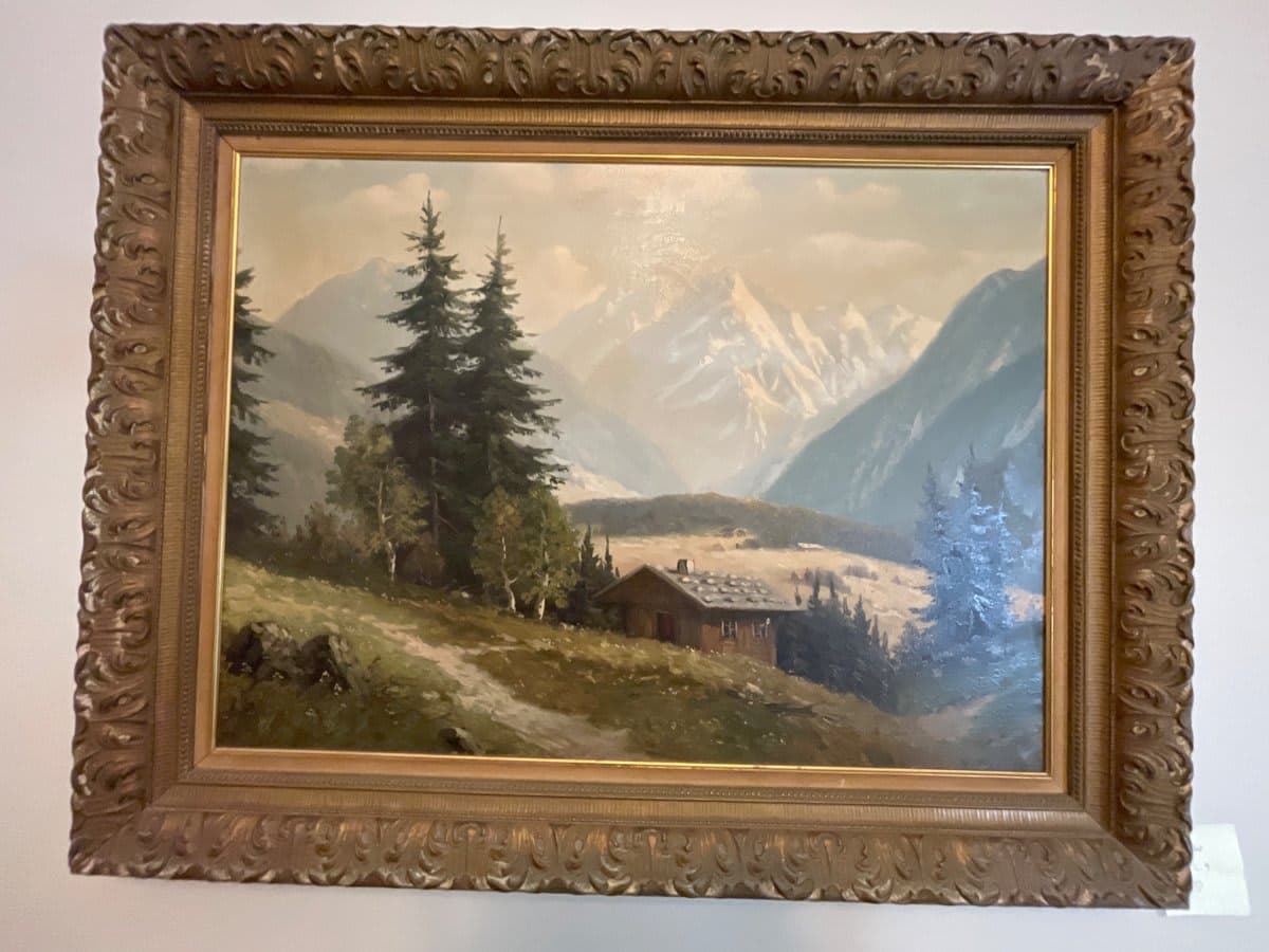 Alpine Mountain Landscape Oil Painting in Ornate Carved Frame - photo 1
