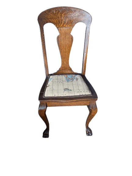Set of 6 Antique Queen Anne Oak Side Chair with Map Needlepoint Seat - photo 1
