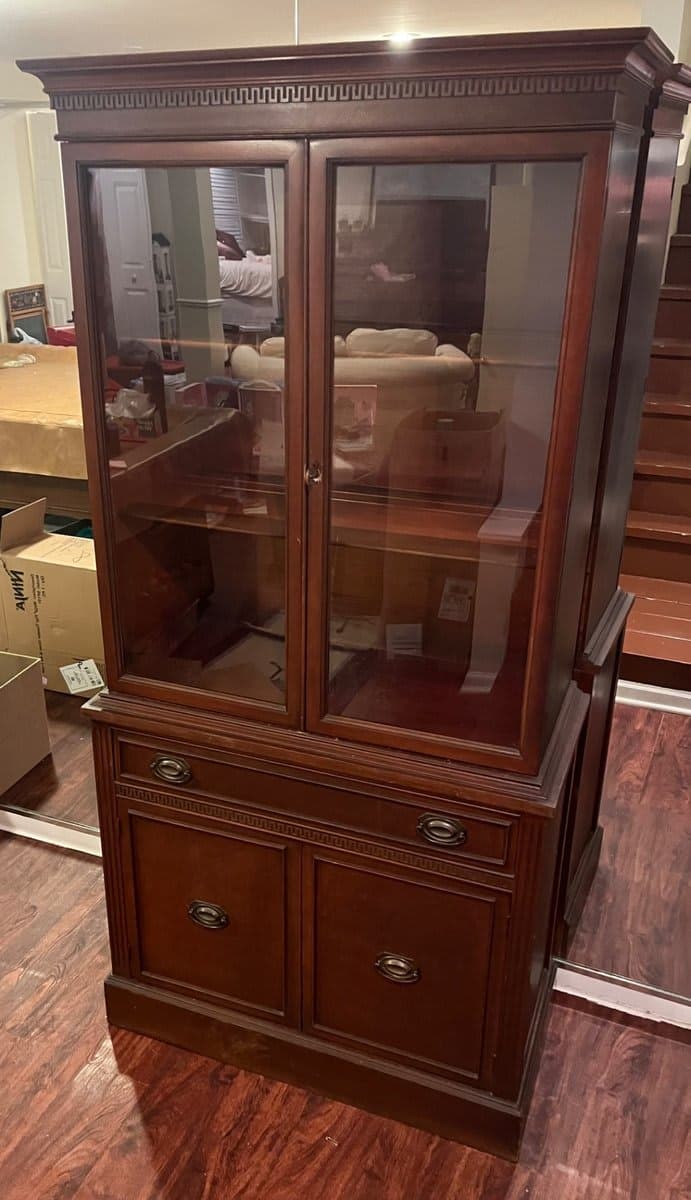 Cherry Wood China Cabinet with Glass Doors & Greek Key Molding - photo 1
