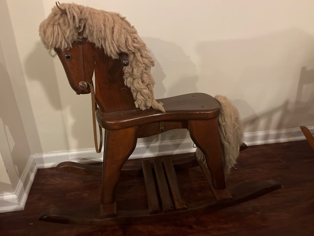 Vintage Solid Oak Rocking Horse with Yarn Mane & Tail - photo 1
