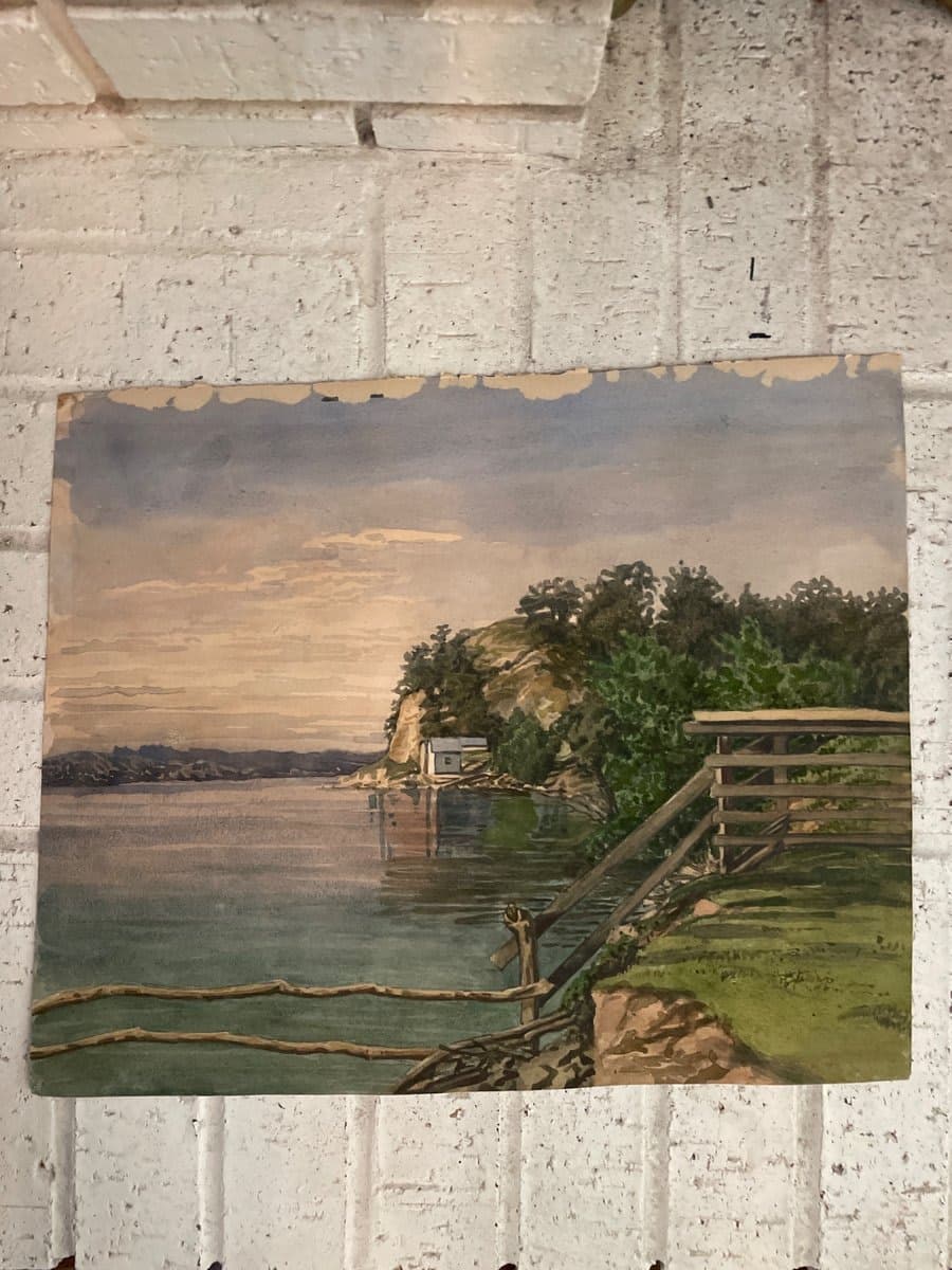 Vintage Watercolor Landscape Painting — Lakeside Scene with Fence - photo 1