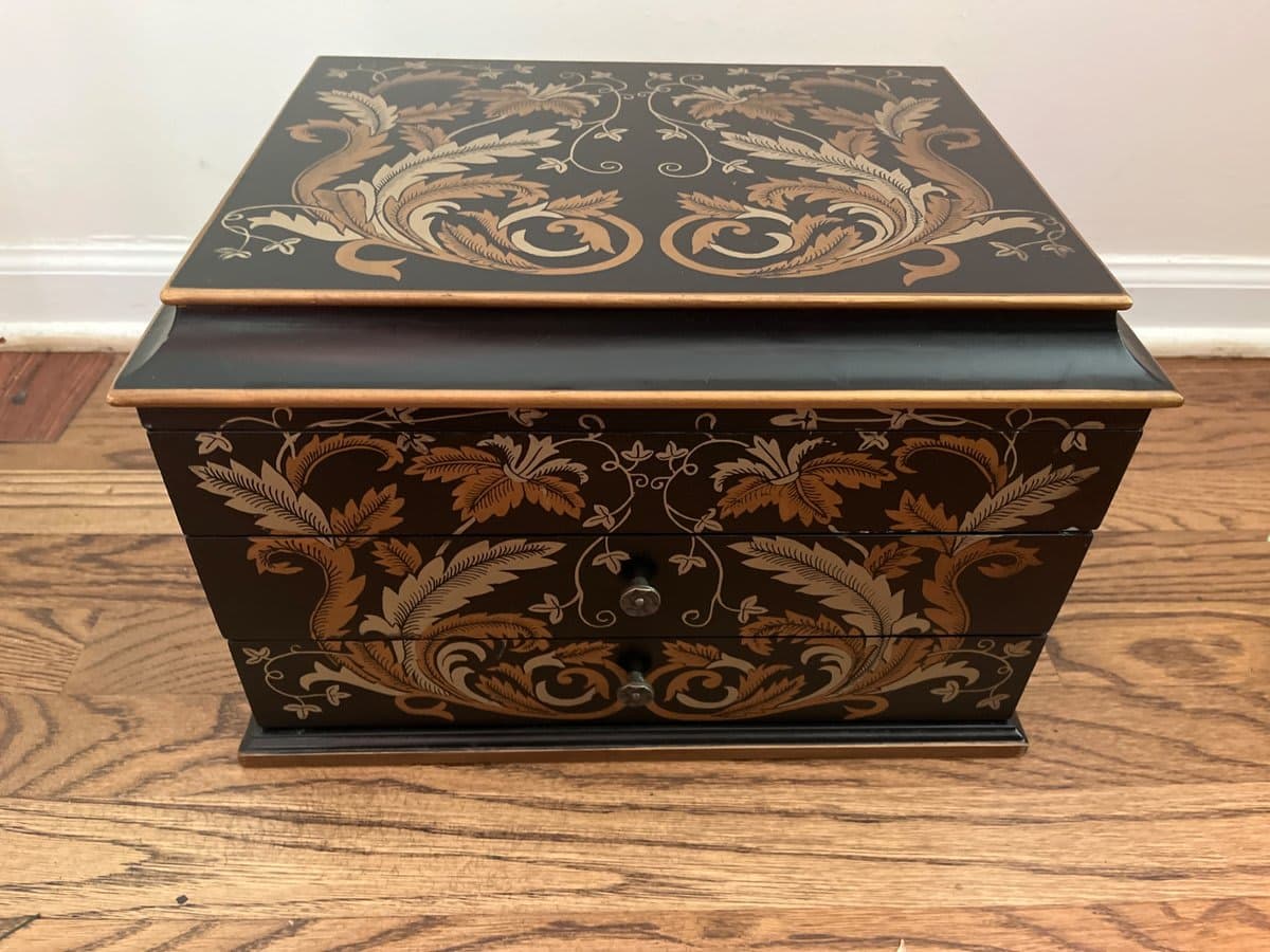 Black & Gold Floral Lacquered Jewelry Box with Drawers - photo 1
