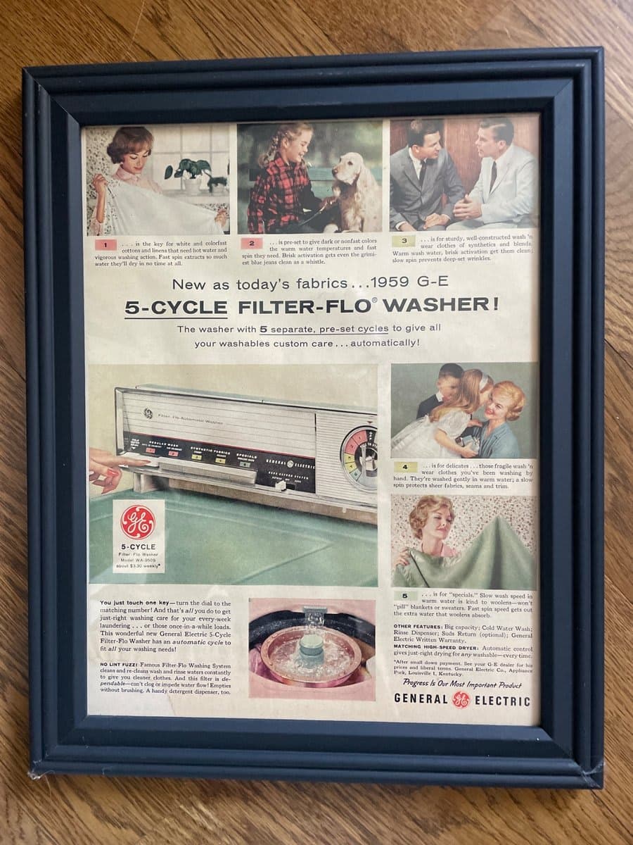 Assorted Framed 1959 GE Filter-Flo Washer Vintage Advertisement