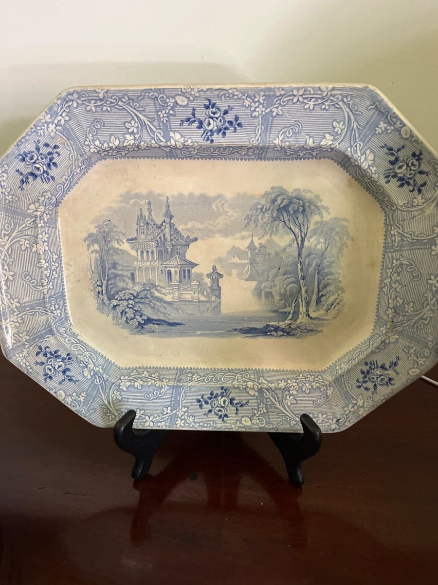 Antique Blue & White Transfer Ware Serving Platter - Chinoiserie Scene - photo 1