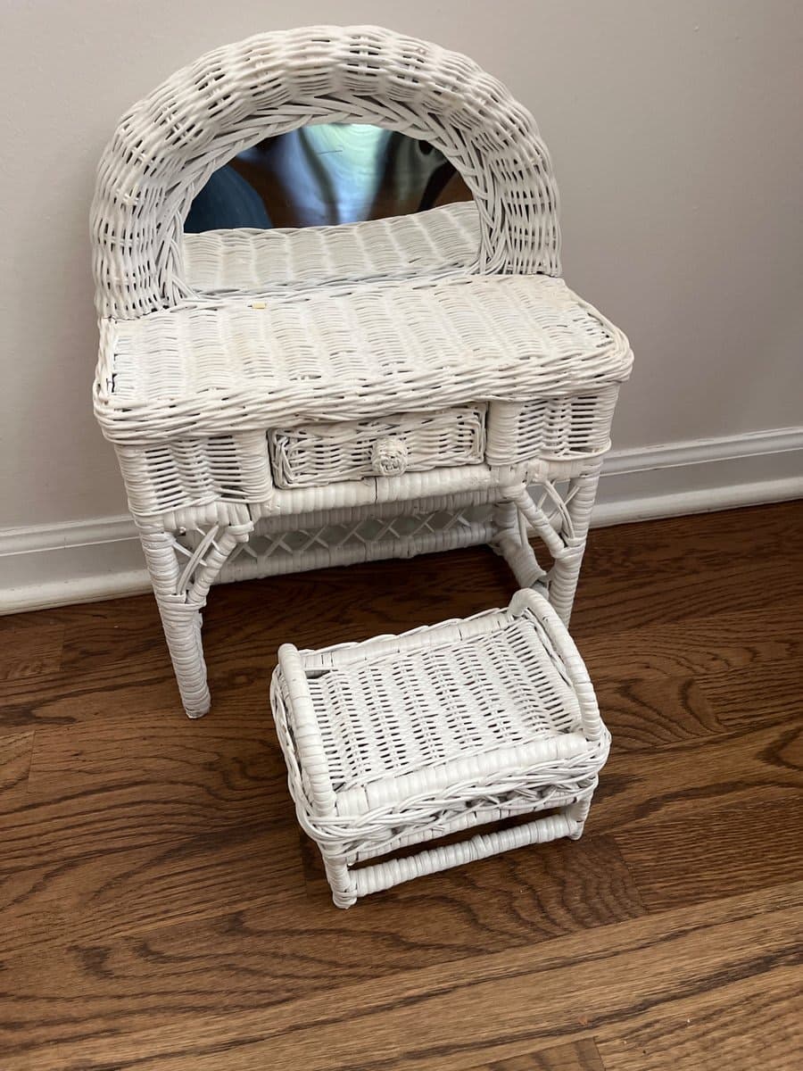Doll White Wicker Vanity Desk with Mirror and Matching Stool - photo 1